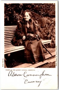 Woman Long Dress Sits on Park Bench in Quarry Garden, Swanson - Vintage Postcard