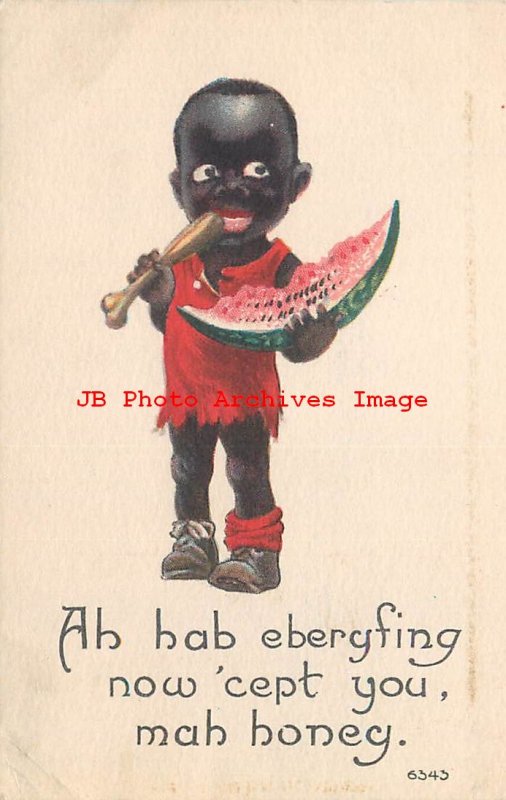 313113-Black Americana, Bergman No 6343, Boy Chewing on Bone Holding Watermelon