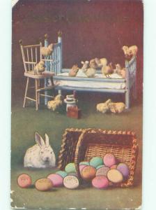 Pre-Linen Easter CUTE BUNNY RABBIT WITH CHICKS AND EGGS AB3632