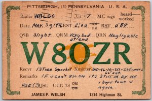 Pittsburgh Pennsylvania Radio W8OZR Card 13 Tube USA Vintage Postcard 1936