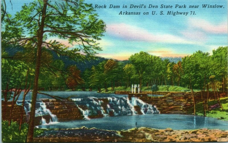 Linen Postcard Winslow Arkansas AR - Rock Dam at Devil's Den State Park UNP M13