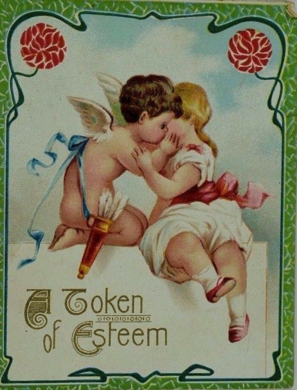 Victorian Valentine Trade Card Cupid Kissing Girl Art Nouveau Border F85