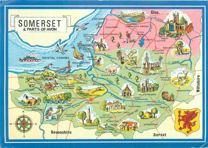 Somerset & parts of Avon uk map postcard