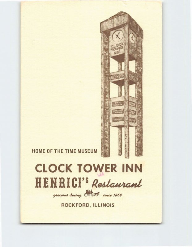 Postcard Clock Tower Inn Henrici's Restaurant Rockford Illinois USA