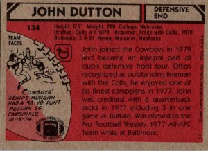 1980 Topps Football Card John Dutton DE Dallas Cowboys sun0087