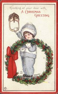 Christmas Children Snowsuit Wreath Embossed Stecher c1900s-20s Postcard