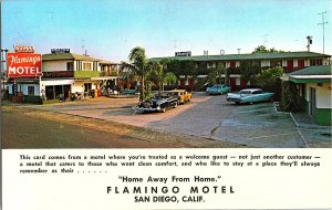 Flamingo Motel San Diego CA  Free TV Heated Pool Old Cars Postcard 1950s