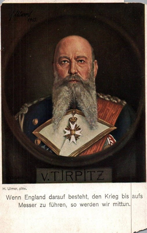 German Navy WWI Postcard c.1910s Grand Admiral Alfred von Tirpitz Quote