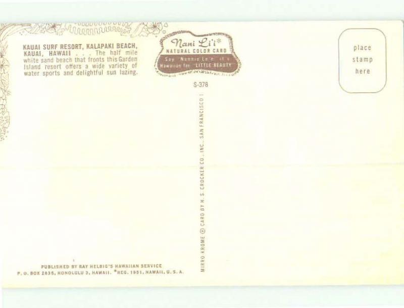 Unused Pre-1980 SURF HOTEL Kauai Hawaii HI hr5904