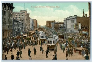 c1910 Portage Avenue Winnipeg Manitoba Canada Trolley Car Crowds Postcard