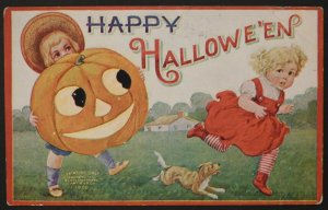 1908 Halloween Postcard Little Girl Running from Little Boy with Jack-O'-Lantern