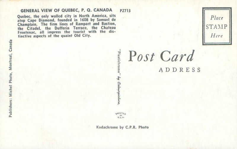 Quebec Canada  General View Atop Cape Diamond Vintage Chrome Postcard