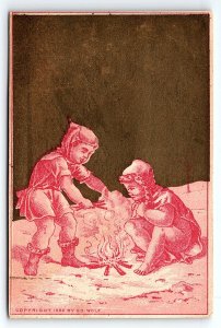 1882 YOUNG ELF TYPE BOYS CAMPFIRE ED WOLF ART VICTORIAN TRADE CARD P1741