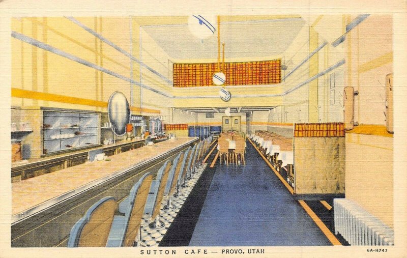 Sutton Cafe Interior Lunch Counter Provo Utah linen postcard