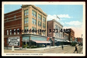 h819 - FITCHBURG Mass. Postcard 1921 Main Street Stores. Coca-Cola Soda Sign