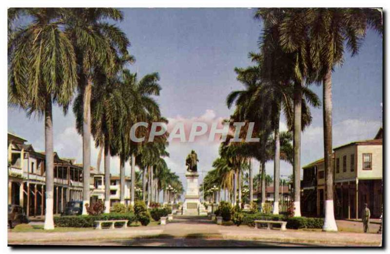 Panama - Colon - Palm lined Broadway and Imposing statue of Christopher Colum...