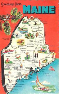 Greetings from Maine Map Postcard ME 1969