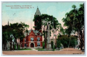 c1910's Insurance Building And Soldiers Monument Glens Falls NY Antique Postcard