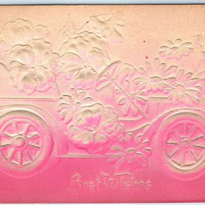 1909 Pink Deep Embossed Automobile Flowers Horseless Carriage Postcard Car A16