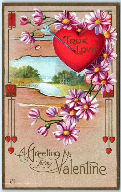 ART DECO Hearts VALENTINE GREETING True Love  Embossed ca 1910s Postcard