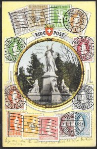 SWITZERLAND Stamps on Postcard Statue Used c1908