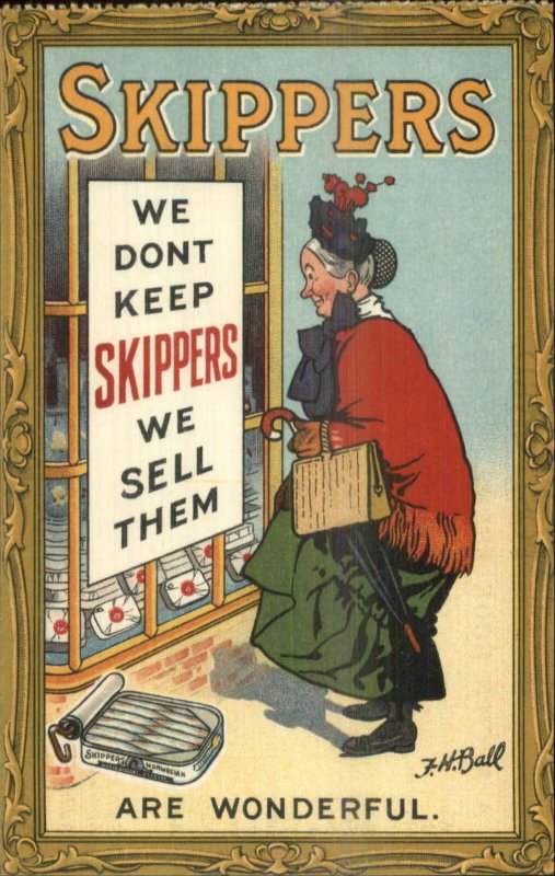 Skippers Sardine Old Woman Shopping JH Ball GREAT ART/COLOR Overprint on Back