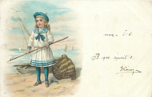 Drawn girl chromo Litho 1900 postcard Hungary greetings fishing topic 