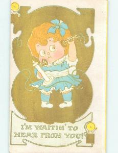 1910 Cute Girl Holding Antique Candle Stick Telephone o7393