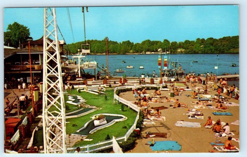 2 Postcards LAKE SHAFER, Indiana IN ~ Beach SKYRIDE & MINIATURE GOLF c1960s