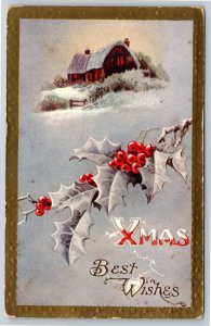 Holiday~Christmas~Barn in Winter @ Night~Holly~1909 Postcard