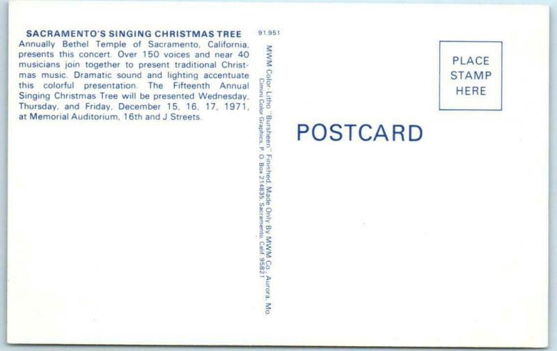 SACRAMENTO, California CA  Bethel Temple SINGING CHRISTMAS TREE 1971  Postcard