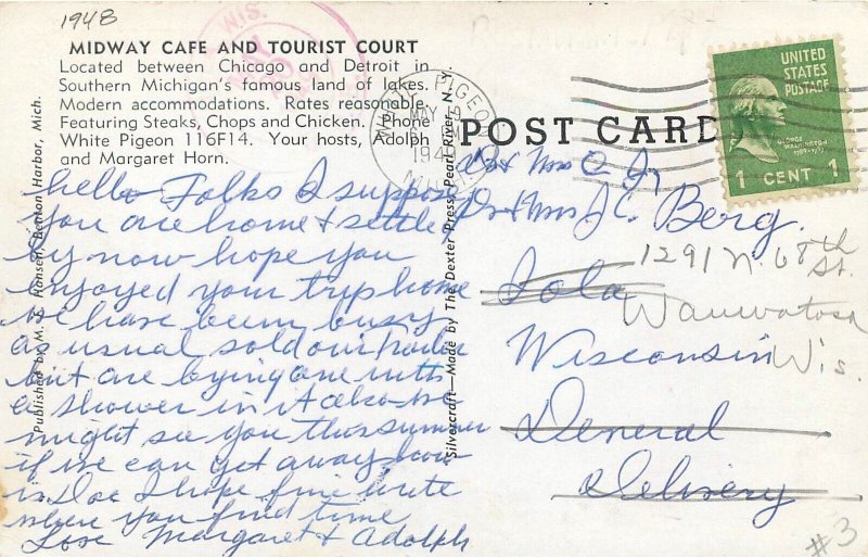 Postcard Michigan Moltville Pop & Mom's Midway Cafe autos Hansen Dexter 23-6476