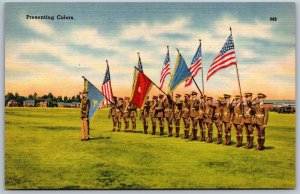 Vtg Military US Army Presenting Colors 1940s WWII Era Line View Postcard