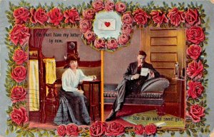 HE MUST HAVE MY LETTER BY NOW-WOMAN WAITS FOR PHONE CALL~1910s ROMANCE POSTCARD
