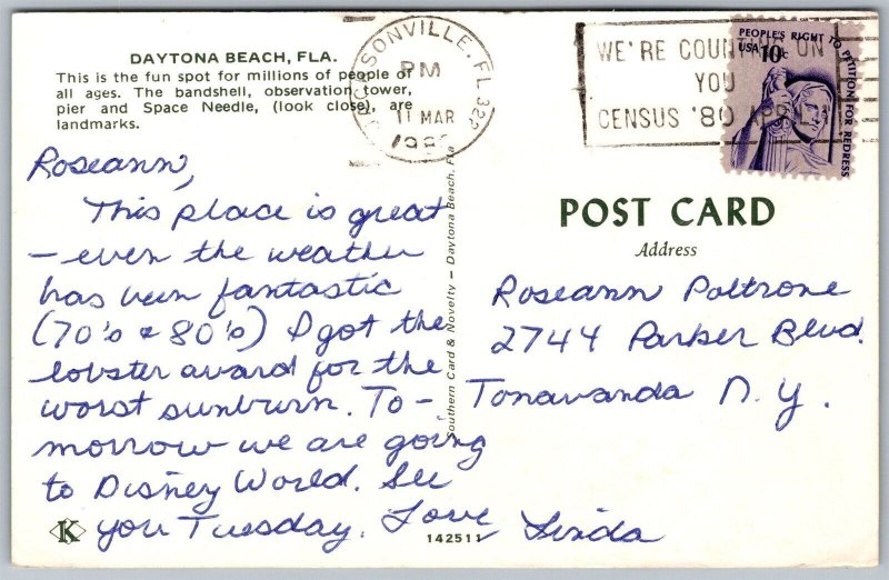 Vtg Daytona Beach Florida FL Bandshell Pier Boardwalk Observation Tower Postcard