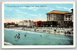 Long Beach California~The Sea Wall~Beach~& Hotel Virginia~Vintage Postcard
