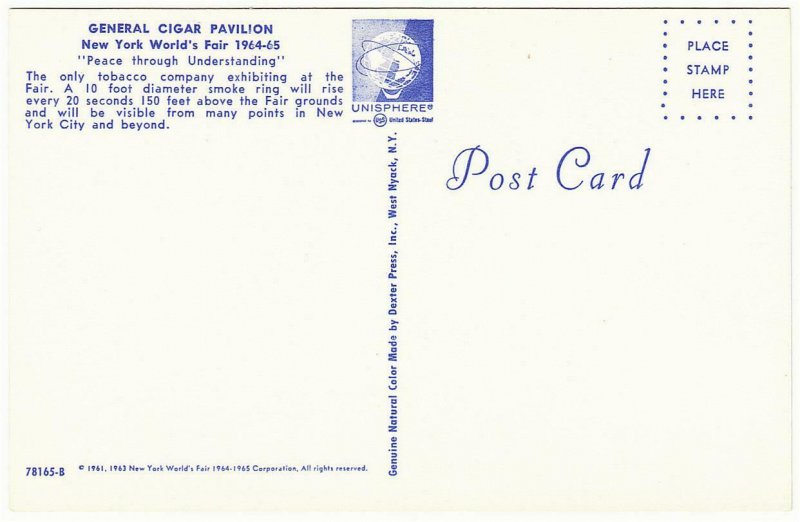 General Cigar Pavilion New York World's Fair 1964 Postcard Smoke Ring