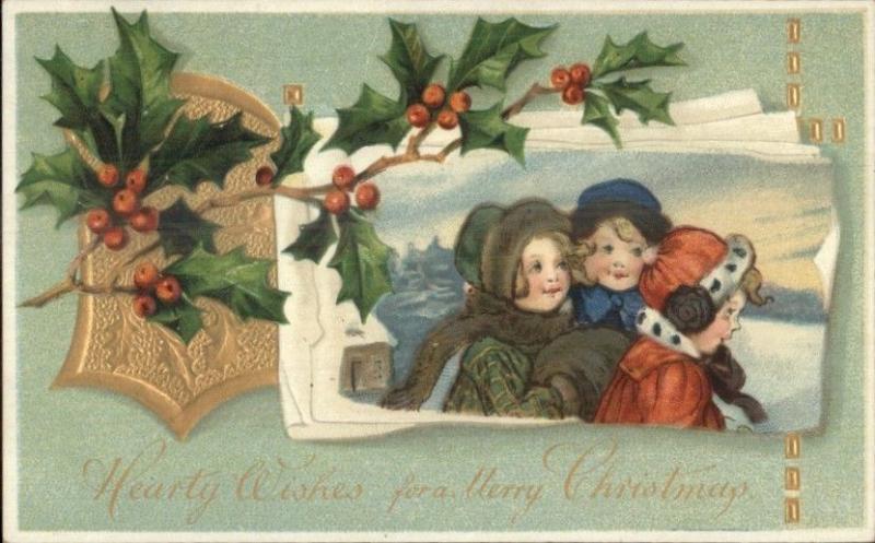 Christmas - Children Winter Coats & Hat Gold & holly c1910 Postcard