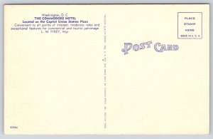 Washington DC~Union Station Plaza~Hotel Commodore~Sign~Flag~Linen 1940s Postcard