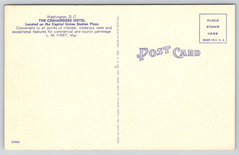 Washington DC~Union Station Plaza~Hotel Commodore~Sign~Flag~Linen 1940s Postcard