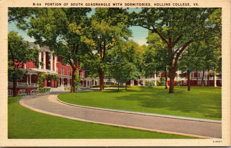 Vtg South Quadrangle with Dormitories Hollins College Roanoke VA Linen Postcard