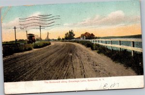 Postcard NY Syracuse The Boulevard along Onondaga Lake - trolley on left