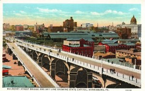Vintage Postcard Mulberry St.  Bridge & Skyline Showing State Capitol Harrisburg