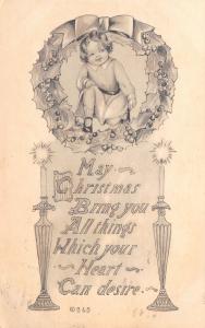 Christmas~Lil Girl in Holly Berry Wreath~Pair Candlesticks~1912 Gartner & Bender