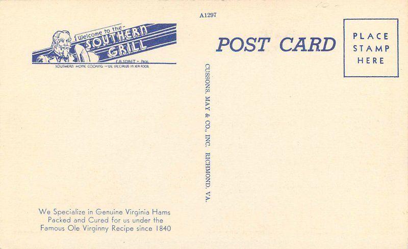 Cussons 1940s Southern Grill restaurant Interior Postcard linen 11750 Virginia