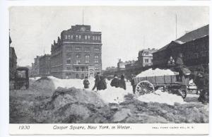 New York NY Cooper Square Snow Storm Horse & Wagon in Winter Postcard