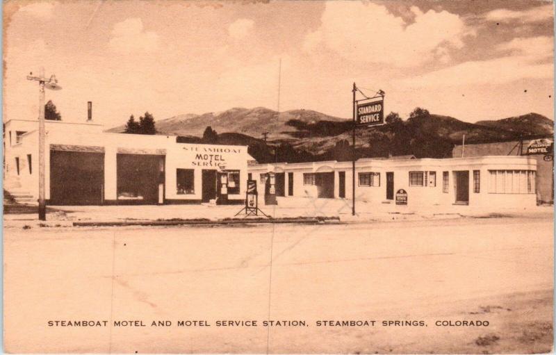 STEAMBOAT SPRINGS, CO  Steamboat MOTEL & SERVICE STATION 1950 Roadside  Postcard