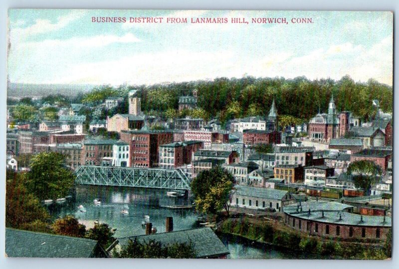 Norwich Connecticut CT Postcard Business District Lanmars Hill Aerial View 1910