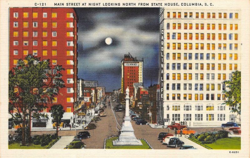 COLUMBIA, SC Main Street Scene Night View ca 1940s Vintage Linen Postcard