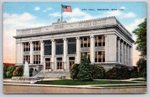 Meridian Mississippi~City Hall Bldg Street View~US Flag~Vintage Linen Postcard
